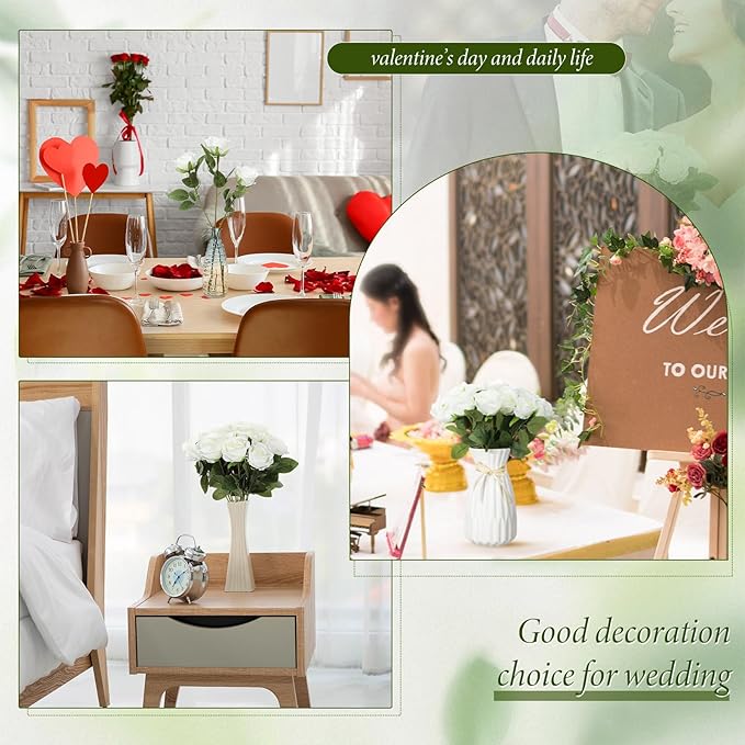 Hotop 40 Pcs Rose Artificial Flowers Bulk with Long Stem,Realistic Silk Fake Roses Bouquet for Home Wedding Centerpieces Party Table Decoration Valentines Gifts(White)