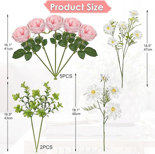 Peonies Artificial Flowers 9PCS Long Faux Pink Flowers Artificial Realistic Peony Daisies Silk Flower Arrangements 18.5" Fake Flowers for Vase Centerpiece Wedding Party Home Decor DIY Bridal Bouquet