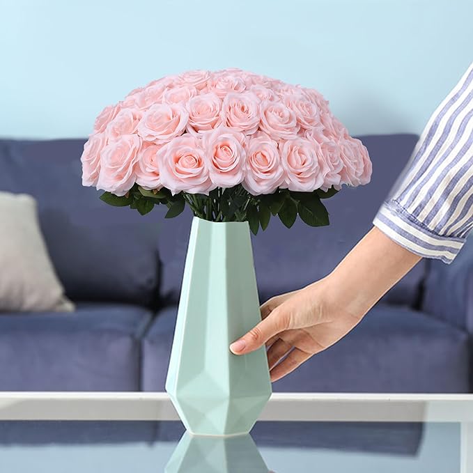 Artificial Rose Flower Blush Flowers Pink Roses Silk Flowers 50 pcs with Long Stem Silk Roses Bouquet for Wedding Bridal Shower Party Home Decoration