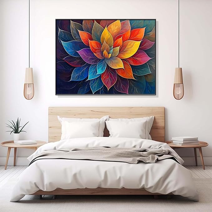 Colorful Flower Canvas Wall Art, Abstract Floral Canvas Prints, Lotus Blossom Pictures Wall Decor, Zen Painting, Yoga Studio Wall Decor (Gold Framed, 47"Wx35"H/120x90cm)