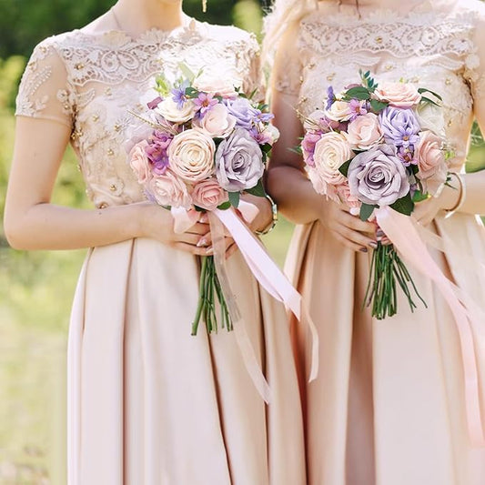 Serwalin 2Pcs Artificial Flowers Fake Silk Flowers Combo Realistic Mixed Roses Box for DIY Wedding Bridal Bouquets Centerpieces Arrangements Faux Flowers with Stems Home Decor, Pink&Lilac