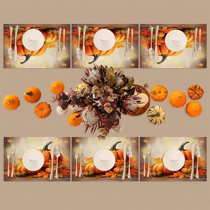 Thanksgiving Fall Pumpkin Placemats Set of 6 PVC Vinyl Non Slip Table Mats Heat Resistant Place Mats Washable Wipeable Dining Table Mat for Kitchen Decor Party Indoor Outdoor Decorative Gift