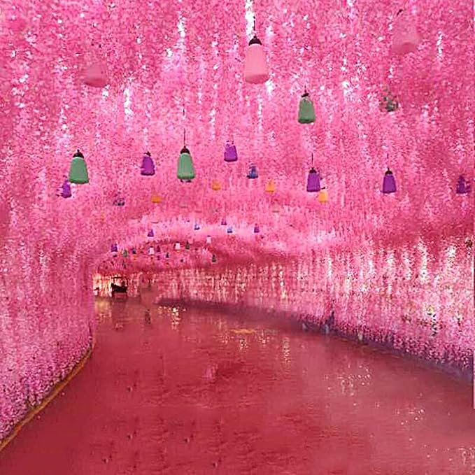 Artificial Wisteria Hanging Flowers Fake Wisteria Flower Garland Silk Vines Rattan Decor for Home Wedding Arch Wall Garden Greenery Bedroom Outdoor Office Party Decoration (12, Dark Pink)