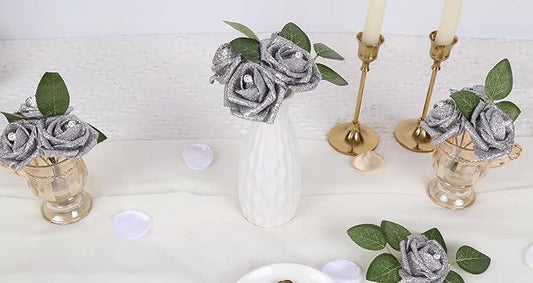 IPOPU Silver Roses,25PCS Glitter Roses Bouquet Fake Flowers with Crystal for Cake Wedding Bouquet Home Party Decoration(Silver)