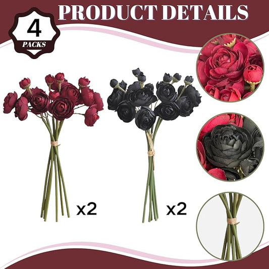 ASTRYAS 24Pcs Black Red Ranunculus Artificial Flowers, Silk Fake Ranunculus Wedding Bouquet for Halloween Home Decor Floral Arrangement Table Centerpieces(Red, Black)