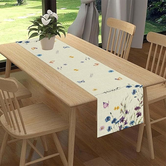 Blue Floral Table Runner, Spring Summer Watercolor Wildflower Butterfly Country Farmhouse Coffee Table Center Decor for Home Kitchen Dining Patio Holiday Party Table Decorations 13x108 inches