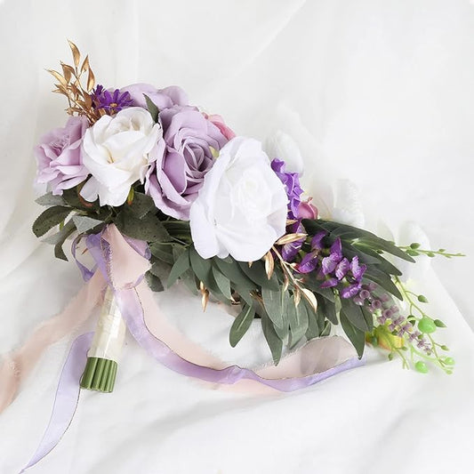 Bridal Bouquets for Bride, 11 Inch Artificial Flowers Bridal Bouquet Cascading Wedding Bouquets for Bride for Wedding Ceremony and Anniversary(White Purple)