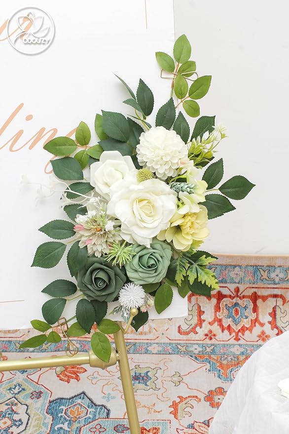 Pack of 2 Wedding Arch, Artificial Flowers, Wedding Decor,Flower Garland Be Suited to Banquet, Party, Reception Entrance Welcome Sign and Background Decoration (White Green)