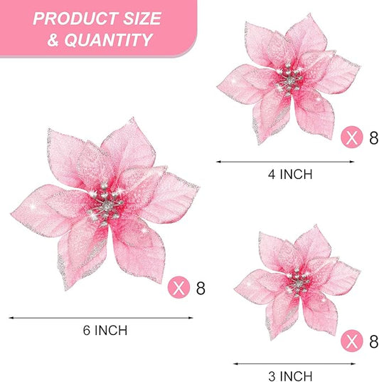 WILLBOND 24 Pcs 3 Size Poinsettia Flower Artificial Christmas Decor Glitter Poinsettia Christmas Ornaments Faux Flowers for Xmas Tree Outdoor(3.2/4/6 Inches,Rose Red)
