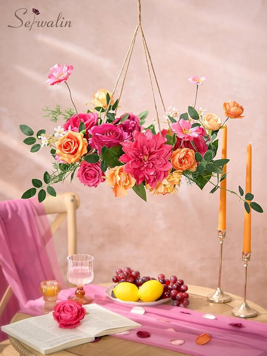 Serwalin Artificial Hot Pink & Orange Flowers, Magenta Silk Fake Flowers, Autumn Faux Flowers for Wedding Bouquet, Table Centerpieces, Home Decor