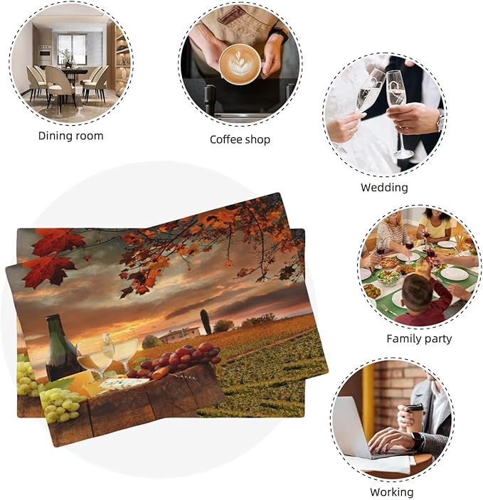 Wine Placemats Set of 6 Romantic Sunset White Wine Linen Placemat Indoor Outdoor Party Home Desktop Kitchen Dining Room Decoration 12x18 Inch