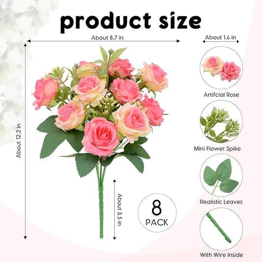 8 Pack Rose Artificial Flowers Bouquet, 10 Small Silk Rose Heads Per Pack, Fake Roses Bunches for Wedding Table Centerpieces Bridal Bouquet Mother's Day Valentine's Day Home Decor, Deep Pink