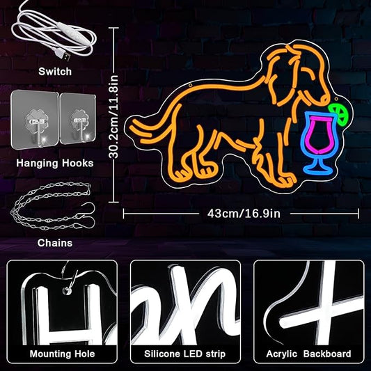 Dachshund Drink Martini Neon Sign for Wall Decor Long Haired Dachshund Bar Neon Light Colorful Dog Drink Martini Led Light Dog Neon Light for Bedroom Man Cave Living Bar Room Shop Party