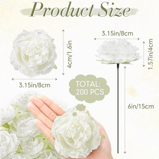 200 Pcs Flowers Long Stem Artificial Rose Bulk, 3.2 Inches Silk Rose Head Flowers Faux for Wedding Bridal Bouquet Independence Day Home Floral DIY Centerpieces Party Decoration(White)