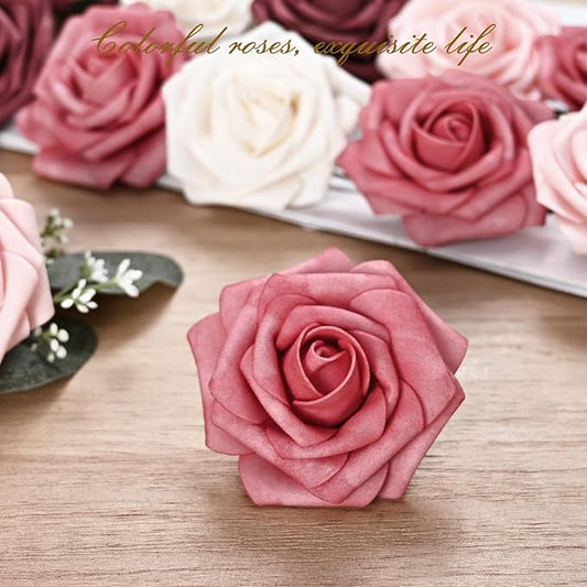BLEUM CADE 36Pcs Artificial Flowers Fake Roses with Stems, Gradient Burgundy Boxed Foam Roses for DIY Bouquets Centerpieces Wedding Party Arrangement Bridal Shower Decor