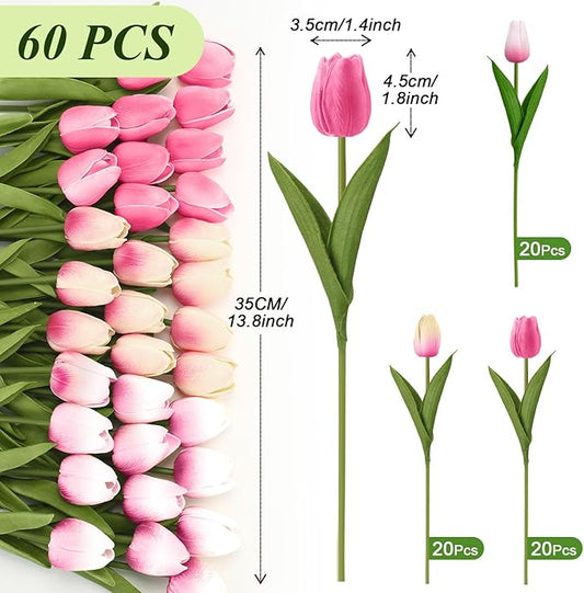 Janinka 60pcs Artificial Tulip Flowers Fake PU Tulips Faux Latex Bouquet Flower Centerpieces Arrangement Floral for Mother Day Wedding Spring Decorations (Pink)
