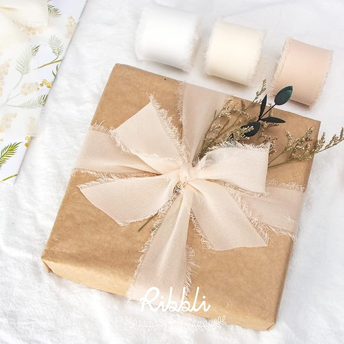 Ribbli White Chiffon Ribbon 1-1/2 inch x 20 Yard Handmade Fringe Chiffon Silk Ribbon, White Ribbon for Wedding Invitations, Bridal Bouquets Wrapping, Flower Arrangement Decoration