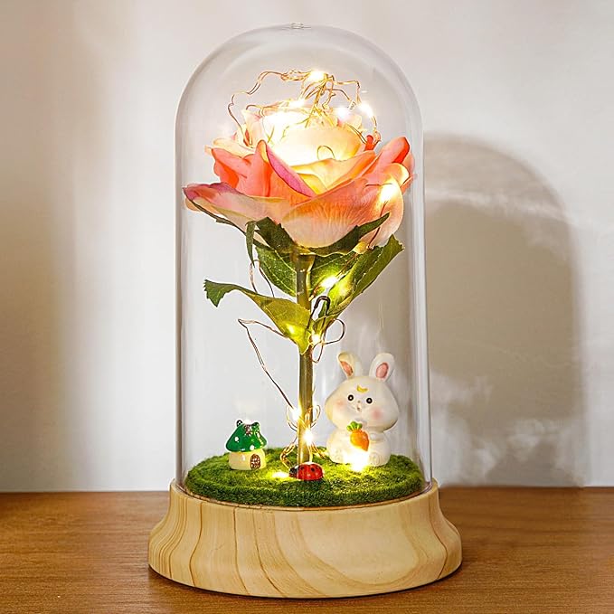 Pink Roses from Daughter for Mom Mothers Day, Beauty and The Beast Rose, with LED Light Up Rose in Dome, for Wife Grandma Christmas Day Valentine Day Birthday for Her Gift (1 Pink Rabbit)
