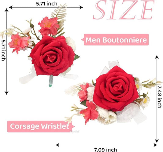 Wrist Corsage and Boutonniere Set, Artificial Rose Corsage Wristlet and Boutonniere for Wedding Prom Party (Red, 2pcs)
