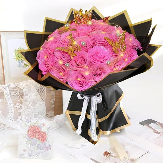 Pink Glitter Roses Bouquet, 36 Pcs Shiny Glitter Flowers Bouquet, Everlasting DIY Artificial Roses Bouquet for Christmas, Birthday, Anniversary, Wedding, Engagement