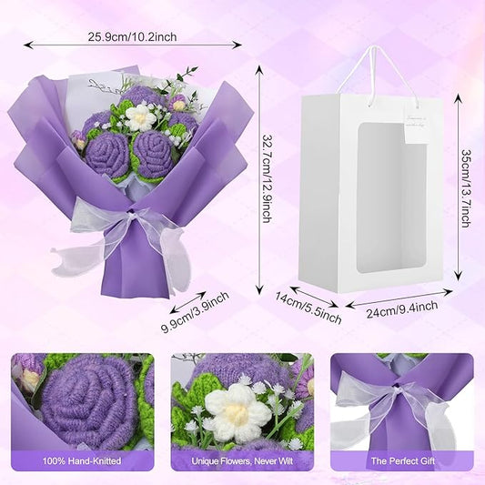 Crochet Flowers Bouquet, Handmade Knitted Rose Bouquet with Gift Bag for Home Deocor, Crocheted Finished Flower for Wedding, Mother's Day, Teachers' Day and Valentine's Day, Purple