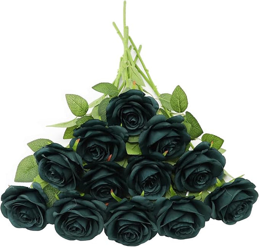 Artificial Rose Flower Artificial Flowers Flower with Long Stem Silk Roses Bouquet for Wedding Bridal Shower Party Home Decoration (Peacock Green, 30 Pcs)
