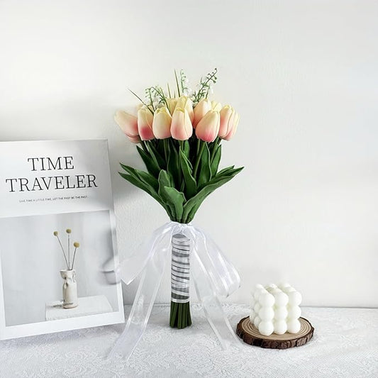 Artificial Floral Tulip Bouquet 20pcs Artificial Tulip Flowers,Bridesmaid Bouquet with Wedding Ceremony Festivals Anniversary Bridal Rehearsal Party Bar Table Decor (Light Pink)
