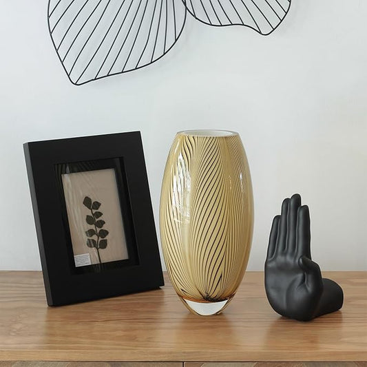 Ca D Oro Murano Style Glass Vase Amber Feather Pattern Hand Blown Art Glass for Flower, Room Decoration and Centerpiece - Model 54 MS
