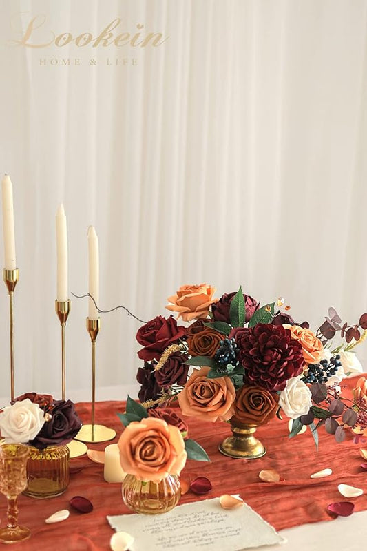 Lookein Artificial Flowers for DIY Wedding Decoration Bridal Bouquet Table Centerpieces Flower Garland Wreaths Aisle Arch Flower Decoration Home Decor, Sunset Burnt Orange