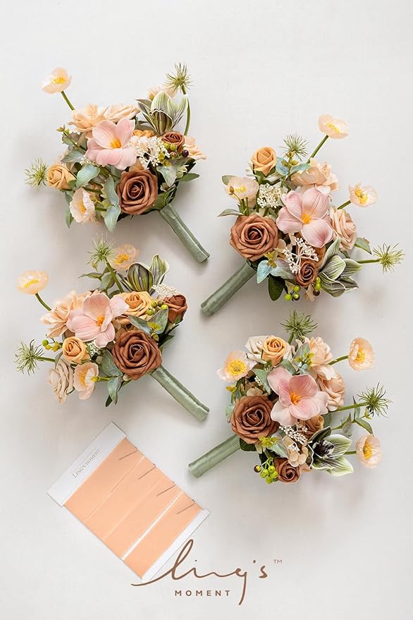 Ling's moment Artificial Flowers Apricot and Peach Bridesmaid Bouquet Set of 4, Peach Wedding Flowers Bouquets for Bridesmaids, 7 Inch Bridal Bouquets for Bridesmaids, Wedding, etc