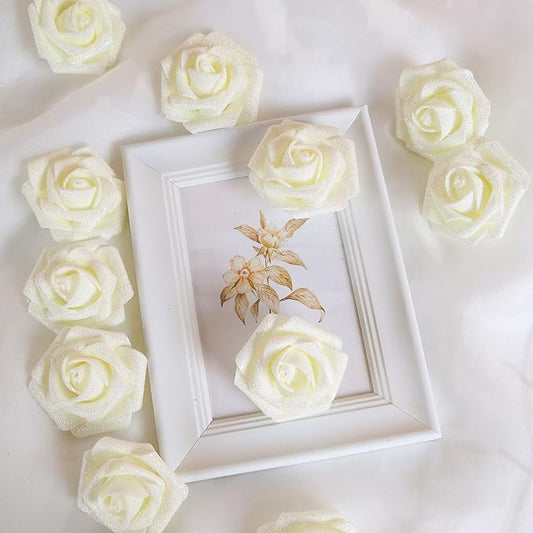 30 pcs Glitter Roses Ivory Artificial Foam Rose Artificial Glitter Flowers with Stem, Foam Glitter Rose for Wedding Party Office Baby Shower Home Decoration(Ivory