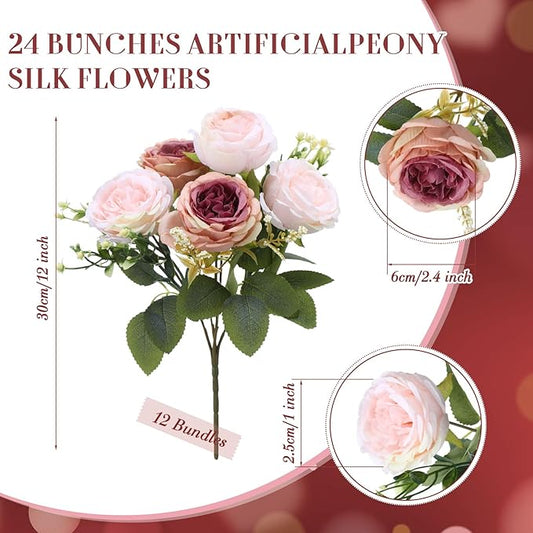 Geosar 24 Bundles Artificial Peonies Flowers Fake Silk Peony Bouquet Faux Peonies Flowers Bulk for Decoration Vase Floral Arrangements Wedding Party Table (Dusty Rose)