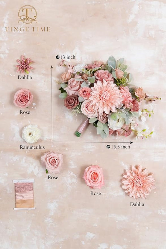 TINGE TIME 13 Inch Wedding Bouquets for Bride,Bridal Bouquet for Bride, Artificial Silk Flowers for Wedding Ceremony and Anniversary (Dusty Rose & Cream)