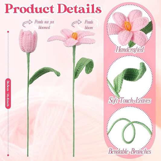 YoungJoy Crochet Rose 12 Pcs Handmade Knitted Flowers Tulip Sunflower Daisy Heart Artificial Knitted Floral Mother Day Graduation Home Decor(White Tulip)