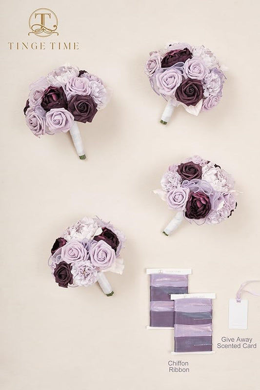 TINGE TIME 7 Inch Artificial Flowers Wedding Bouquets for Bridesmaid, Set of 4, Lavender Bride Tossing Bouquet for Wedding Ceremony Festivals Bridal Shower Rehearsal Dinner Vintage Party