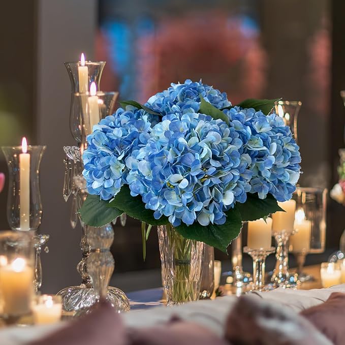 YalzoneMet 4Pcs Blue Silk Hydrangea Artificial Flower Lifelike Big Blooms 20'' Long Stem Faux Hydrangea Flower Bouquets for Home Party Indoor Baby Shower Outdoor Wedding Table Centerpiece Decor