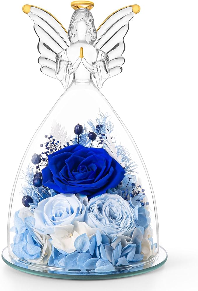 RoseValley Angel Roses Gifts for Mom,Preserved Real Flowers Roses in Glass Angel Figurines,Christmas Birthday Gifts for Grandma Women Mom Wife Mother in Law/Blue