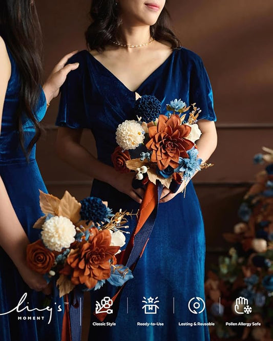 Ling's moment Artificial Flowers Orange & Navy Bridesmaid Bouquet Set of 4, Orange Wedding Flowers Bouquets for Bridesmaids, 7 Inch Bridal Bouquets for Bridesmaids, Wedding Decor, etc