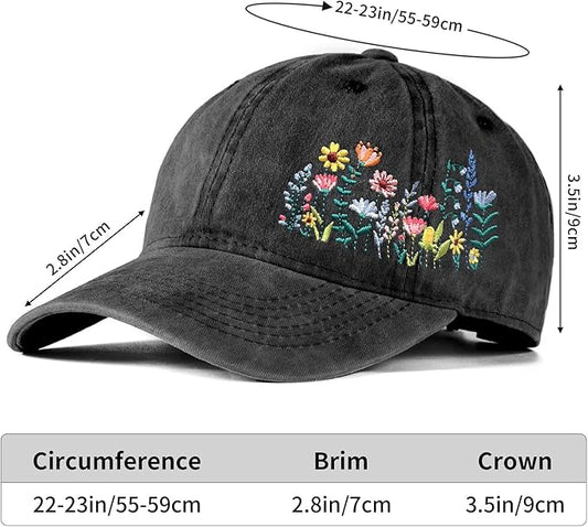 Cute Flower Hat, Elegant Floral Embroidered Adjustable Baseball Cap for Men Women, Gifts for Flower Lovers, Black