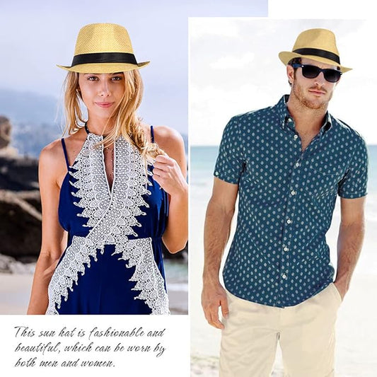 FADACHY Summer Straw Fedora Hat Short Brim Panama Sun Hat Trilby Beach Hat for Men & Women