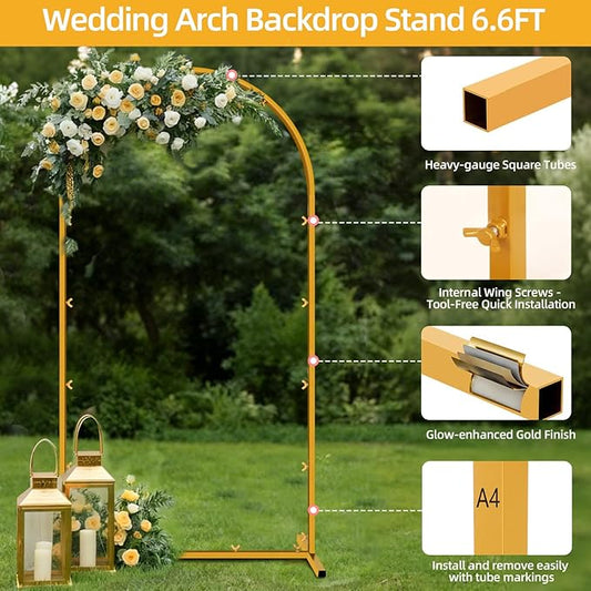 6.6 FT Wedding Arch Backdrop Stand for Party, Balloon Arch Stand, Wedding Arches for Ceremony, Metal Gold Arch Frame Backdrop Stand for Bridal Baby Showers Birthday Decoration Photo