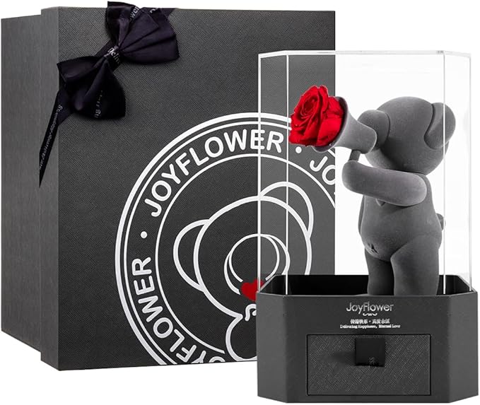 JoyFlower Preserved Flowers with Cute Teddy Bear, Eternal Rose Romantic Gift, Red Rose Bear with Acrylic Cover for Girlfriend Wife Her in Valentine's Day, Birthday, Christmas, Weddings, Anniversary