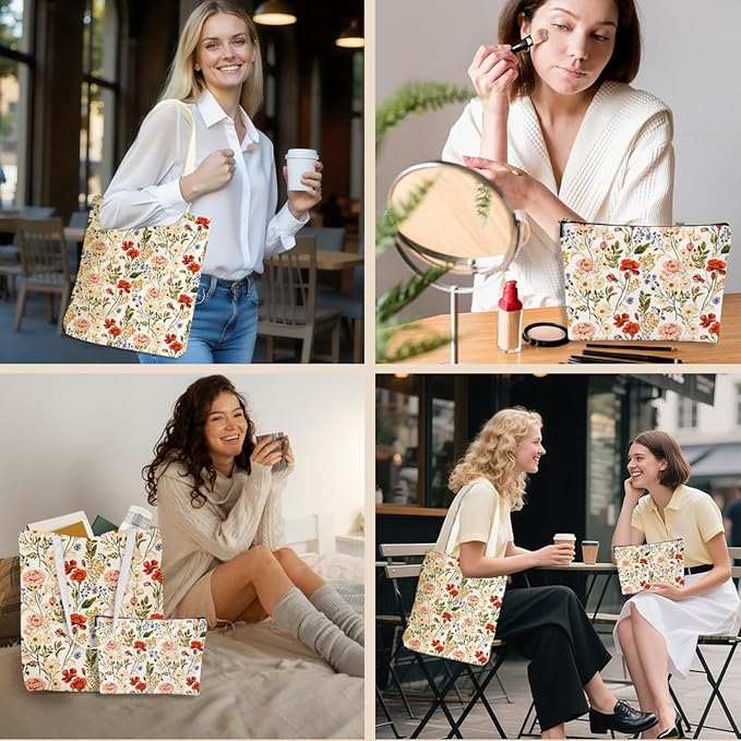Flower Plant Lover Gifts for Women Canvas Tote Bag with Makeup Bag Cosmetic Bags Grocery Bags for Shopping Christmas