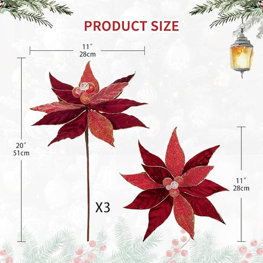 Hollyone 3PCS Poinsettia Christmas Flowers Artificial 11" Large Velvet Red Glitter Poinsettia Flowers Christmas Tree Ornaments Floral Picks for Tree Wreath Garland Vase Table Centerpiece Home Decor