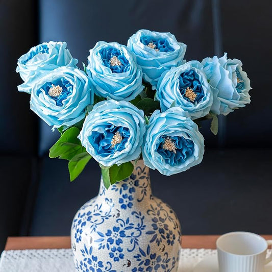 Fake Flowers for Decoration Home Decor Real Touch Artificial Flowers Austin Rose Peony Latex Fake Flower Living Room Decoration Vivid Pink Roses Peonies (Deep Blue 4pcs)