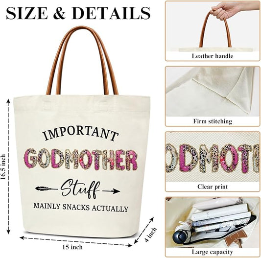 Canvas Tote Bag for Women, Important Stuff Bag with Leather Handle, Reusable Grocery Bags for Shopping Beach Travel