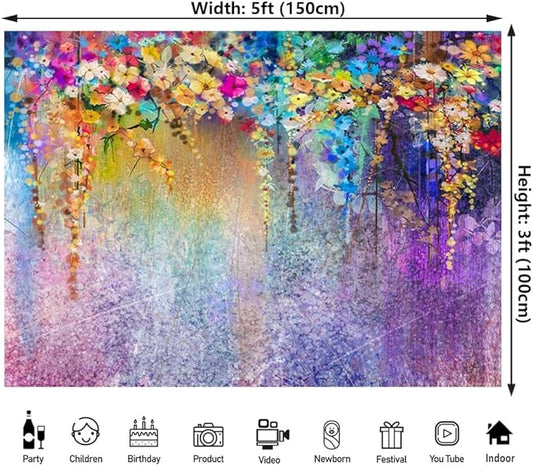 5x3ft Purple Abstract Flower Backdrop Watercolor Painting Photography Background for Wedding Bridal Shower Birthday Party Portrait Shooting Video Studio Props