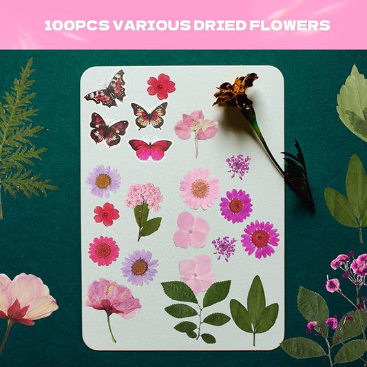 CONVELIFE Dried Flowers for Resin 116Pcs, Pink Real Natural Pressed Flowers with 10 Butterfly Stickers, Dried Leaves kit for Scrapbook Supplies Card Making Resin Jewelry Soap Candle DIY Crafts