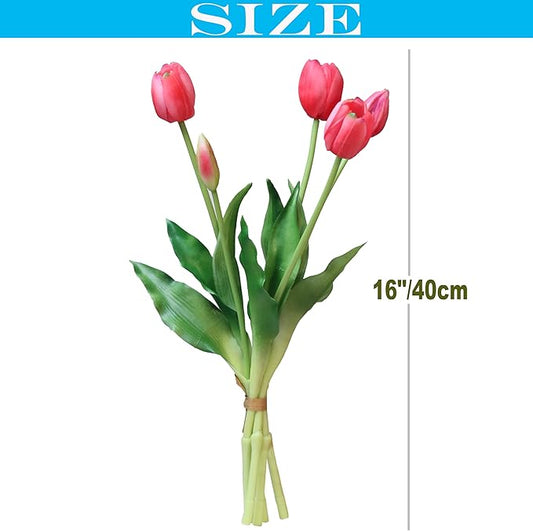 20pcs Artificial Tulip Flowers,16 Inch Real Touch Tulip Stems with Faux Leaves, Faux Tulips and Buds for Home Décor Centerpiece Ornament Wedding Bouquet,Deep Pink