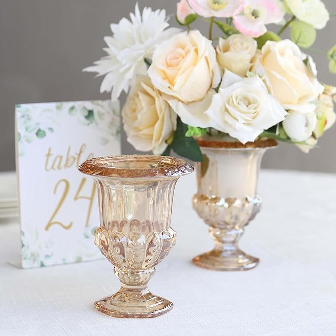 Efavormart 2 Pack Classic Roman Urn Style Amber Glass Flower Vases, Mini Pedestal Vase Table Centerpieces - 6"